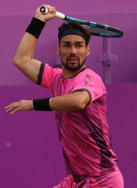 Fabio Fognini of Italy plays a forehand during his Round of 16 match against Marin Čilić of Croatia during Day 3 of The cinch Championships at The...