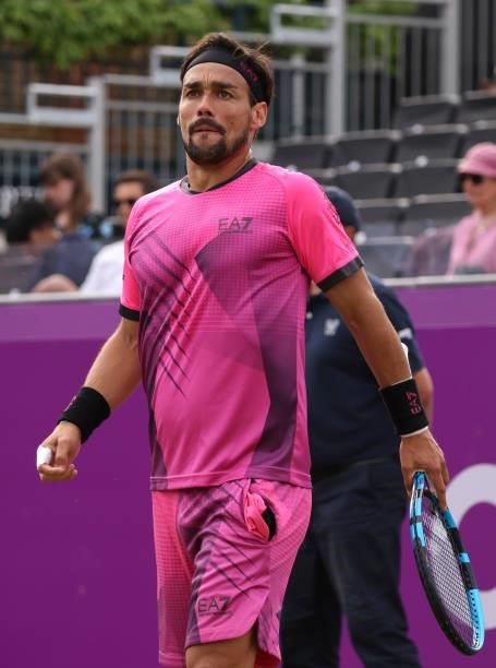 Fabio Fognini of Italy reacts during his Round of 16 match against Marin Čilić of Croatia during Day 3 of The cinch Championships at The Queen's Club...