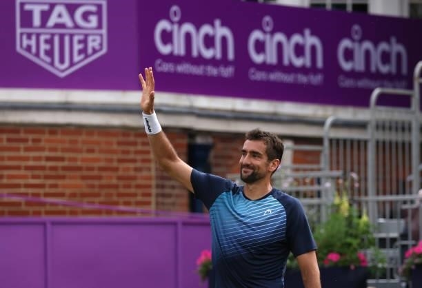 Marin Čilić of Croatia celebrates match point during his Round of 16 match against Fabio Fognini of Italy during Day 3 of The cinch Championships at...