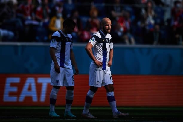 Teemu Pukki of Finland looks on during the UEFA Euro 2020 Championship Group B match between Finland and Russia at Saint Petersburg Stadium on June...