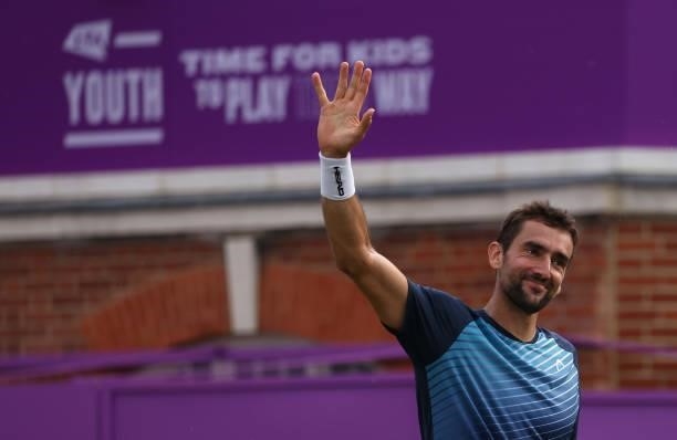 Marin Čilić of Croatia celebrates match point during his Round of 16 match against Fabio Fognini of Italy during Day 3 of The cinch Championships at...