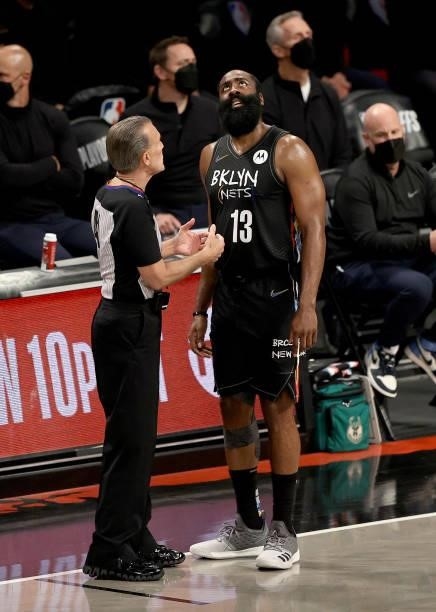 James Harden of the Brooklyn Nets reacts after he is called for a foul against the Milwaukee Bucks during game 5 of the Eastern Conference second...