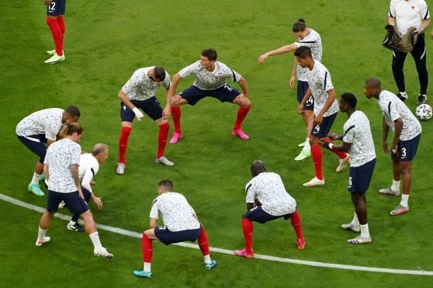 The French national team warming up during the UEFA Euro 2020 match between France and Germany at Allianz Arena on June 15, 2021 in Munich, Germany
