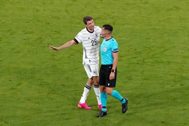 Thomas Muller of Germany, Referee Carlos Del Cerro Grande during the UEFA Euro 2020 match between France and Germany at Allianz Arena on June 15,...
