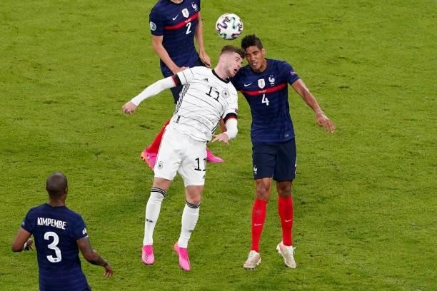 Timo Werner of Germany, Raphael Varane of France during the UEFA Euro 2020 match between France and Germany at Allianz Arena on June 15, 2021 in...
