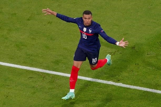 Kylian Mbappe of France celebrating before his goal got disallowed during the UEFA Euro 2020 match between France and Germany at Allianz Arena on...