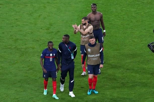 Karim Benzema of France celebrating with his teammates during the UEFA Euro 2020 match between France and Germany at Allianz Arena on June 15, 2021...