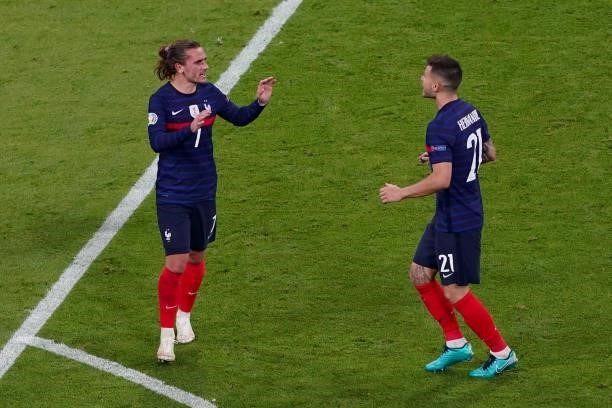 Antoine Griezmann of France, Lucas Hernandez of France celebrating during the UEFA Euro 2020 match between France and Germany at Allianz Arena on...