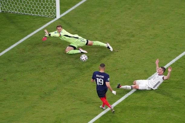 Goalkeeper Manuel Neuer of Germany, Karim Benzema of France during the UEFA Euro 2020 match between France and Germany at Allianz Arena on June 15,...