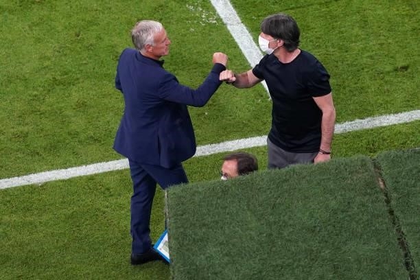 Coach Didier Deschamps, Coach Joachim Low of Germany during the UEFA Euro 2020 match between France and Germany at Allianz Arena on June 15, 2021 in...