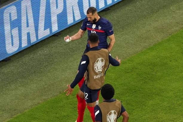 Karim Benzema of France celebrating his goal with his teammates that later got disallowed during the UEFA Euro 2020 match between France and Germany...