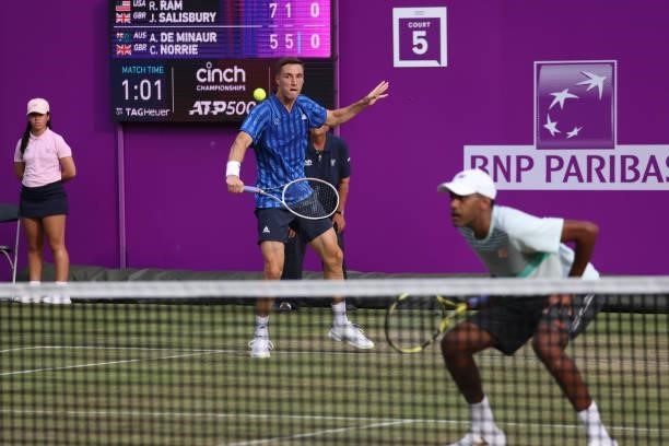 Joe Salisbury of Great Britain, playing partner of Rajeev Ram of USA plays a backhand during there Round of 16 match against Alex de Minaur of...