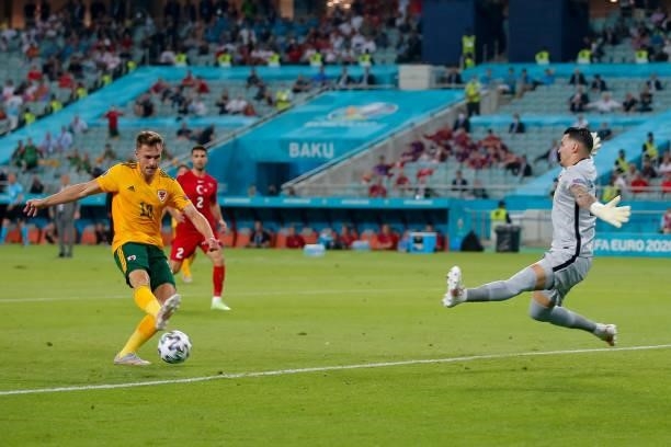 Aaron Ramsey of Wales shoots to score his sides first goal past goalkeeper Ugurcan Cakr of Turkey during the UEFA Euro 2020 Championship Group A...
