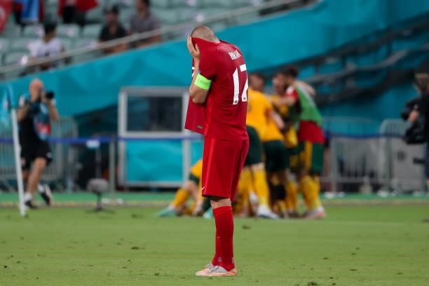 Burak Ylmaz of Turkey looks dejected after conceding his sides second goal during the UEFA Euro 2020 Championship Group A match between Turkey...