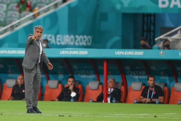 Head coach of Turkey Senol Gunes gives instructions during the UEFA Euro 2020 Championship Group A match between Turkey and Wales at Baku Olympic...