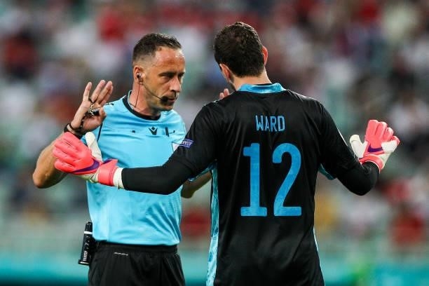 Referee Artur Soares Dias warns goalkeeper Danny Ward of Wales during the UEFA Euro 2020 Championship Group A match between Turkey and Wales at Baku...