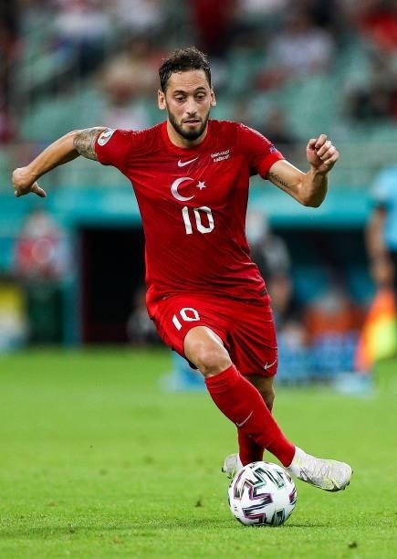 Hakan Çalhanolu of Turkey controls the ball during the UEFA Euro 2020 Championship Group A match between Turkey and Wales at Baku Olympic Stadium on...