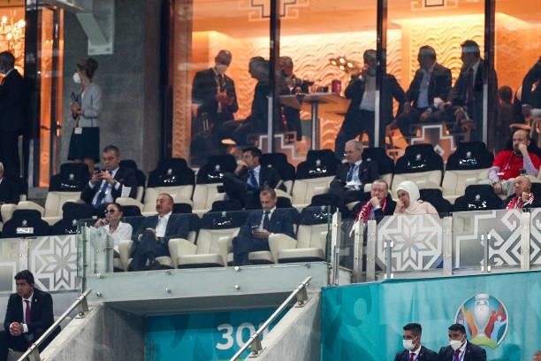 Turkish President Recep Tayyip Erdogan and his wife Emine Erdogan and Azerbaijani President Ilham Aliyev and his wife Mehriban Aliyeva watch the EURO...