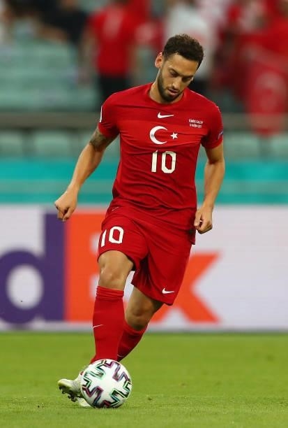 Hakan Calhanoglu of Turkey in action during the UEFA Euro 2020 Championship Group A match between Turkey and Wales at Baku Olimpiya Stadionu on June...