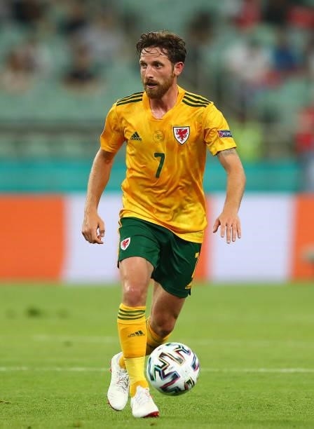 Joe Allen of Wales in action during the UEFA Euro 2020 Championship Group A match between Turkey and Wales at Baku Olimpiya Stadionu on June 16, 2021...