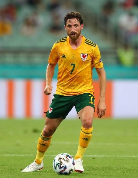 Joe Allen of Wales in action during the UEFA Euro 2020 Championship Group A match between Turkey and Wales at Baku Olimpiya Stadionu on June 16, 2021...