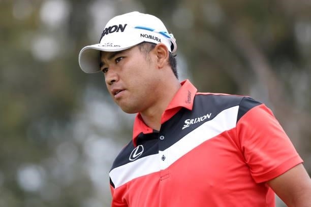 Hideki Matsuyama of Japan looks on from the 14th tee during a practice round prior to the start of the 2021 U.S. Open at Torrey Pines Golf Course on...