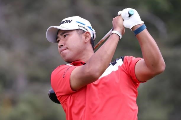 Hideki Matsuyama of Japan prepares plays his shot from the 14th tee during a practice round prior to the start of the 2021 U.S. Open at Torrey Pines...