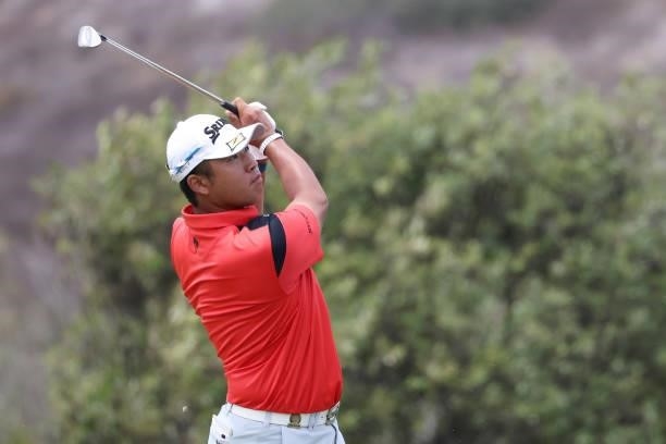 Hideki Matsuyama of Japan plays a shot on the 13th hole during a practice round prior to the start of the 2021 U.S. Open at Torrey Pines Golf Course...