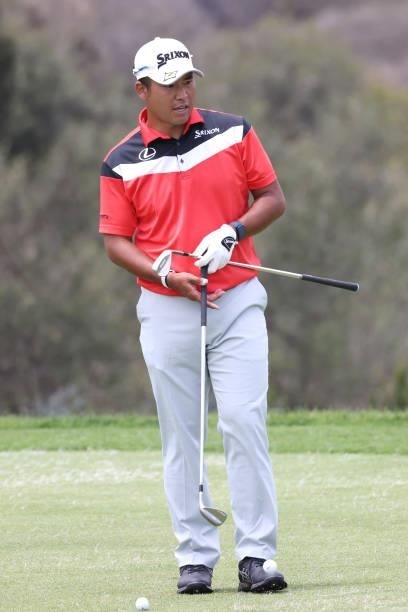 Hideki Matsuyama of Japan looks on from the 13th green during a practice round prior to the start of the 2021 U.S. Open at Torrey Pines Golf Course...