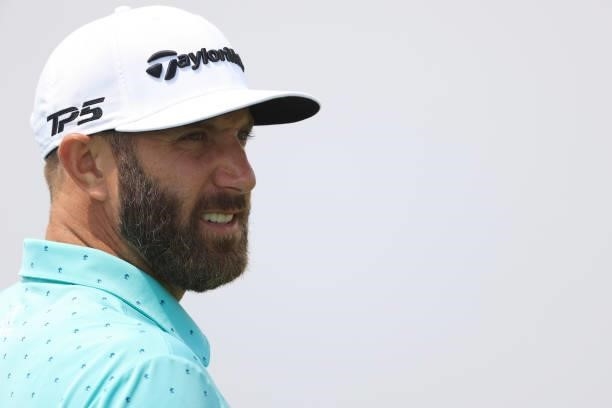 Dustin Johnson of the United States looks on from the fifth hole during a practice round prior to the start of the 2021 U.S. Open at Torrey Pines...