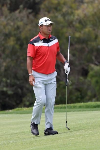 Hideki Matsuyama of Japan walks up the 13th hole during a practice round prior to the start of the 2021 U.S. Open at Torrey Pines Golf Course on June...