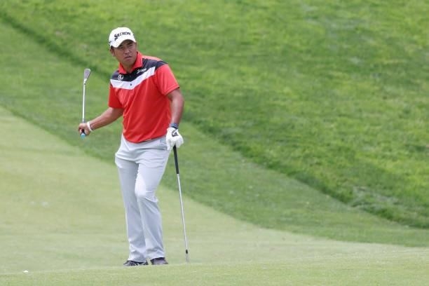 Hideki Matsuyama of Japan prepares to play his second shot on the 13th hole during a practice round prior to the start of the 2021 U.S. Open at...