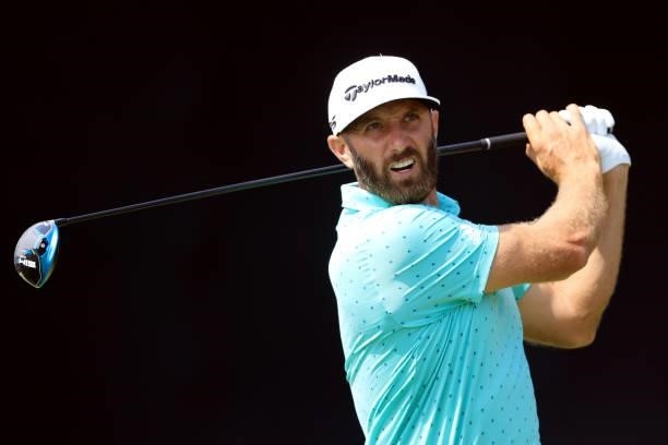 Dustin Johnson of the United States plays his shot from the seventh tee during a practice round prior to the start of the 2021 U.S. Open at Torrey...