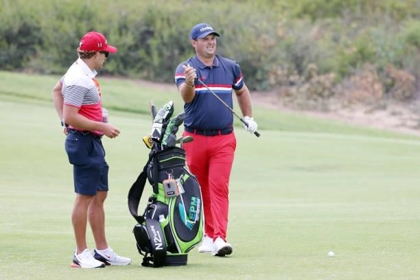 Patrick Reed of the United States reacts on the 13th hole during a practice round prior to the start of the 2021 U.S. Open at Torrey Pines Golf...