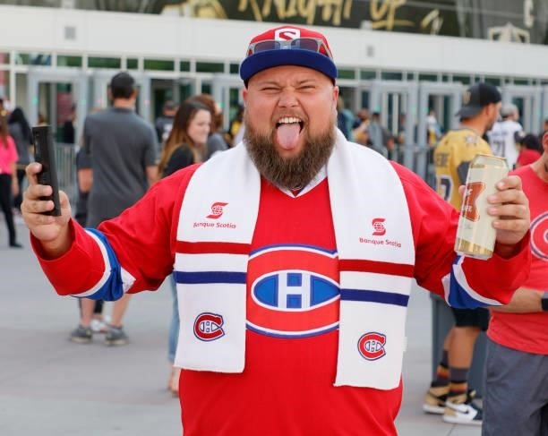 Montreal Canadiens fan Jean-Phillipe Dupuis of Florida poses as he arrives at Game Two of the Stanley Cup Semifinals during the 2021 Stanley Cup...
