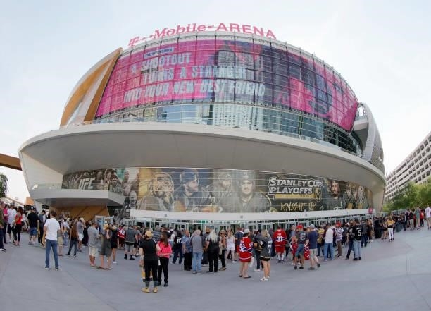 Fans arrive at Game Two of the Stanley Cup Semifinals during the 2021 Stanley Cup Playoffs at T-Mobile Arena between the Montreal Canadiens and the...
