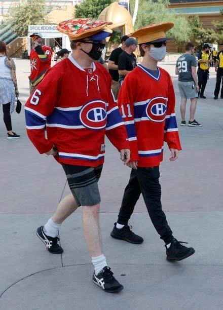 Montreal Canadiens fans Kush Kapila and Shiv Kapila, both of California, arrive at Game Two of the Stanley Cup Semifinals during the 2021 Stanley Cup...
