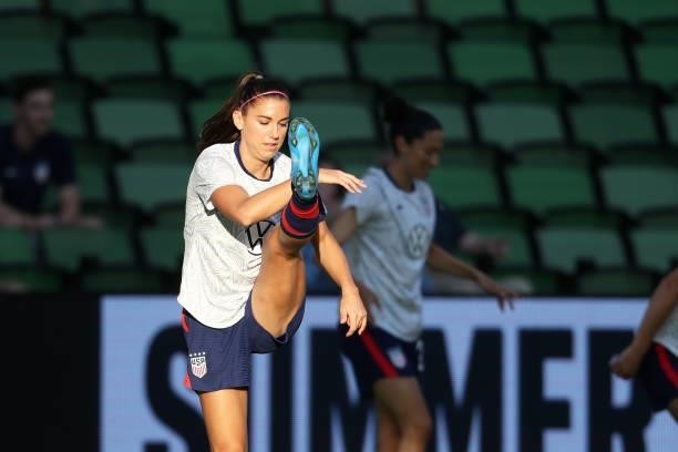 Alex Morgan of United States warms up prior to the Summer Series game between United States and Nigeria at Q2 Stadium on June 16, 2021 in Austin,...