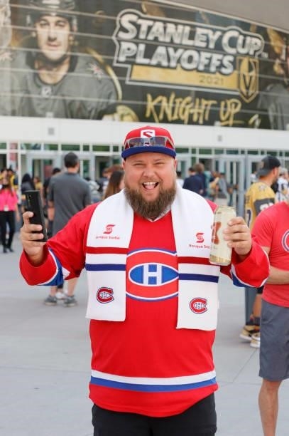 Montreal Canadiens fan Jean-Phillipe Dupuis of Florida poses as he arrives at Game Two of the Stanley Cup Semifinals during the 2021 Stanley Cup...