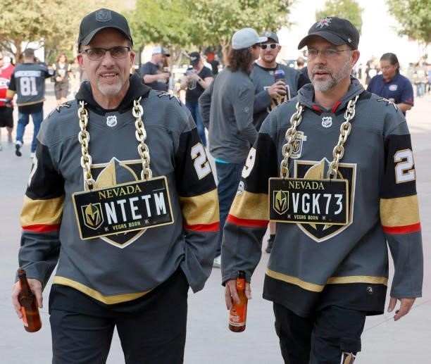 Vegas Golden Knights fans Steve Plotts and Tim Barlow, both of Nevada, arrive at Game Two of the Stanley Cup Semifinals during the 2021 Stanley Cup...