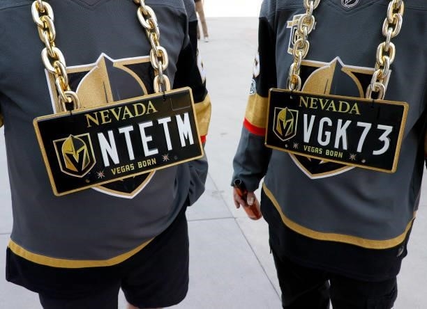 Vegas Golden Knights fans Steve Plotts and Tim Barlow, both of Nevada, arrive at Game Two of the Stanley Cup Semifinals during the 2021 Stanley Cup...