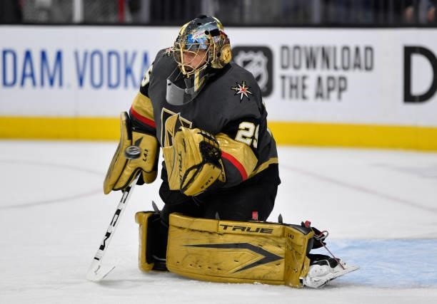 Marc-Andre Fleury of the Vegas Golden Knights warms up prior to Game Two of the Stanley Cup Semifinals against the Montreal Canadiens at T-Mobile...