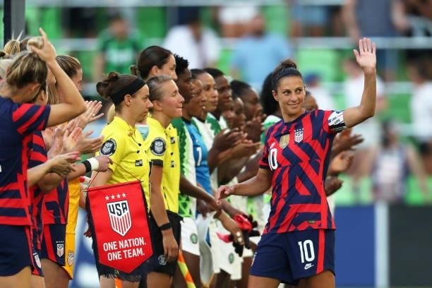 Carli Lloyd of United States greets fans prior to the Summer Series game between United States and Nigeria at Q2 Stadium on June 16, 2021 in Austin,...