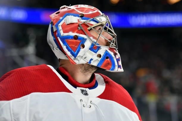Carey Price of the Montreal Canadiens stands in net during the first period against the Vegas Golden Knights in Game Two of the Stanley Cup...