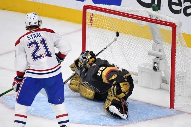 Marc-Andre Fleury of the Vegas Golden Knights allows a goal to Joel Armia of the Montreal Canadiens during the first period in Game Two of the...