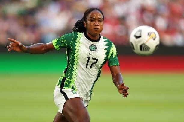 Francisca Ordega of Nigeria kicks the ball during the Summer Series game between United States and Nigeria at Q2 Stadium on June 16, 2021 in Austin,...