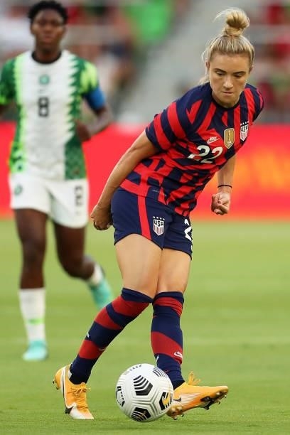 Kristie Mewis of United States kicks the ball during the Summer Series game between United States and Nigeria at Q2 Stadium on June 16, 2021 in...