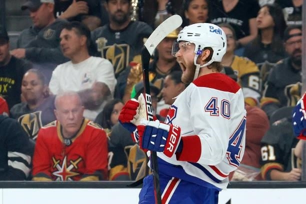 Joel Armia of the Montreal Canadiens celebrates after scoring a goal against the Vegas Golden Knights during the first period in Game Two of the...