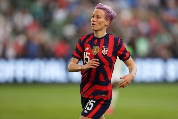Megan Rapinoe of United States reacts during the Summer Series game between United States and Nigeria at Q2 Stadium on June 16, 2021 in Austin, Texas.
