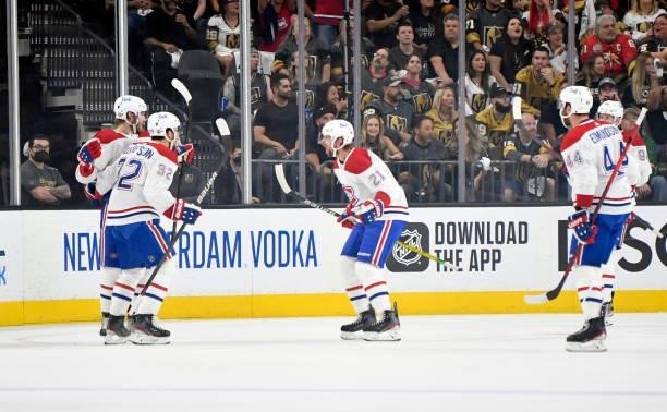 Joel Armia of the Montreal Canadiens celebrates after scoring a goal during the first period against the Vegas Golden Knights in Game Two of the...